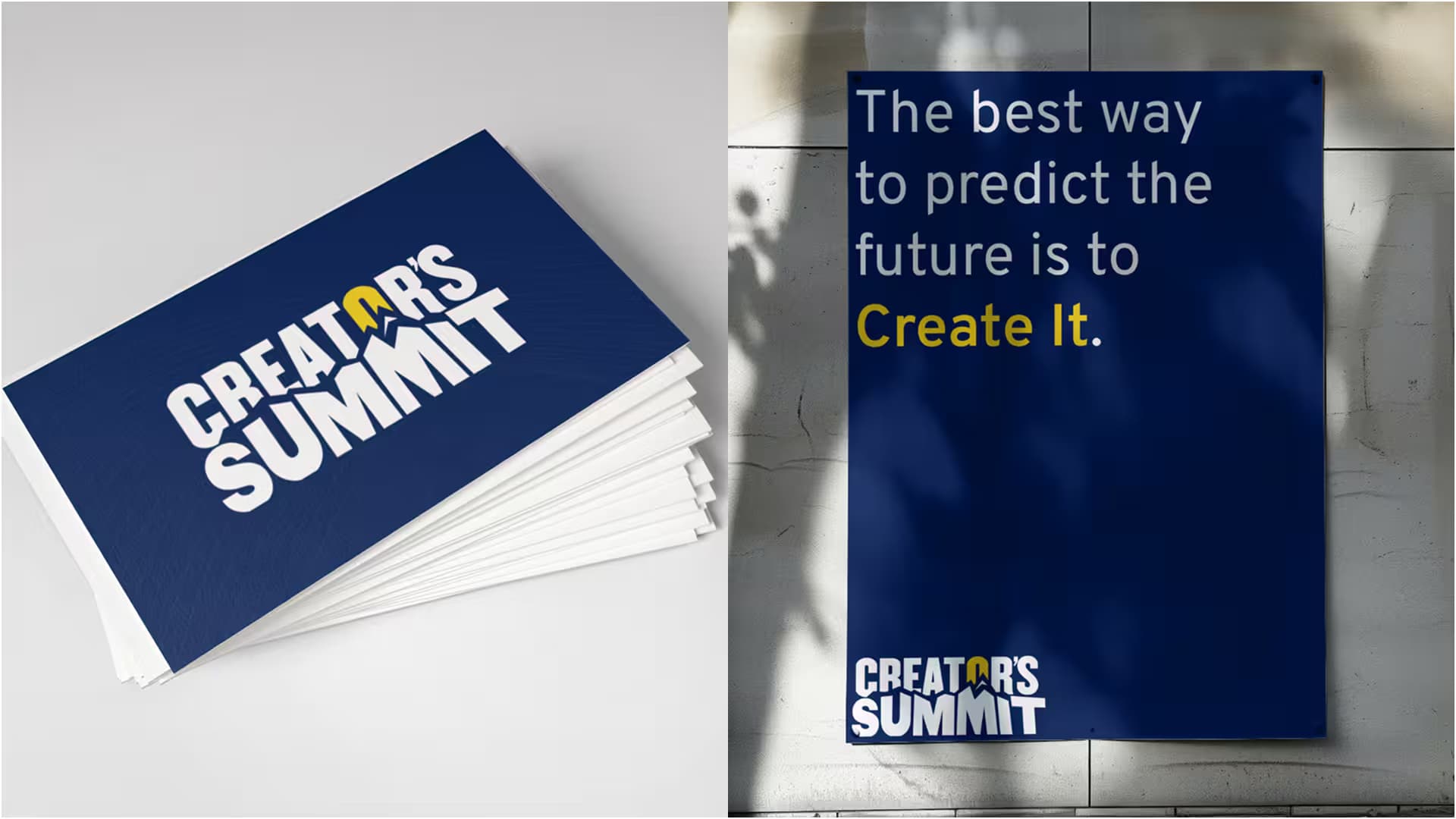 Printed ticket and collateral mockups using the Creator's Summit branding