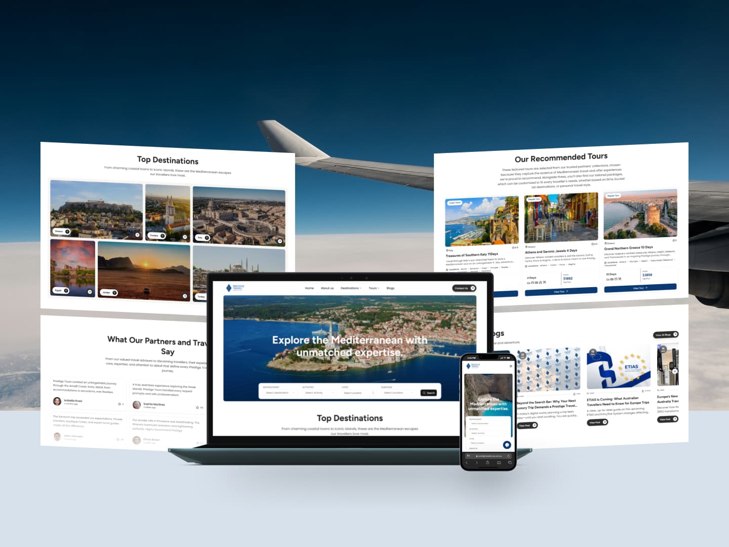 Prestige Travel Corporation website mockup showing luxury travel destinations