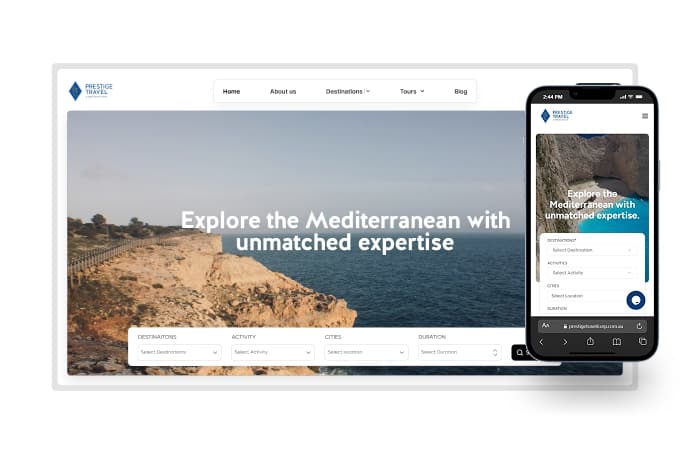 Desktop view of the homepage showing luxury destinations