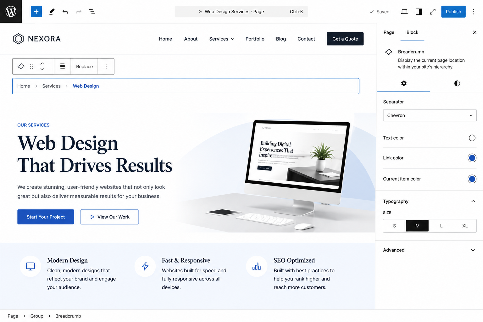 WordPress Breadcrumb block interface