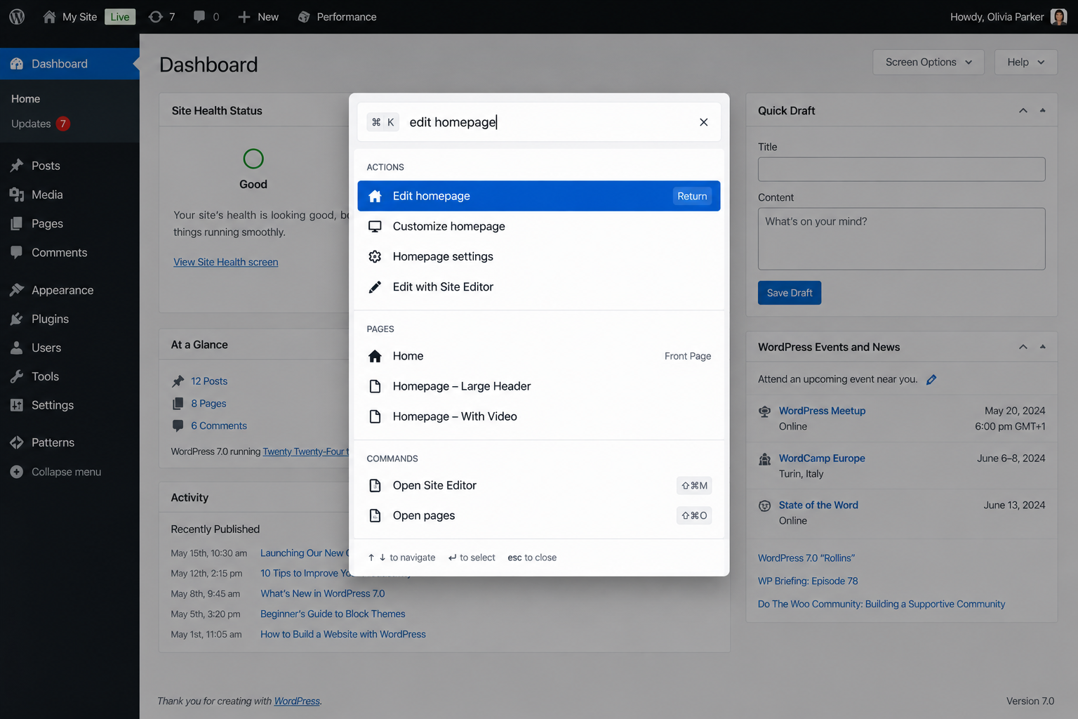 WordPress Command Palette interface