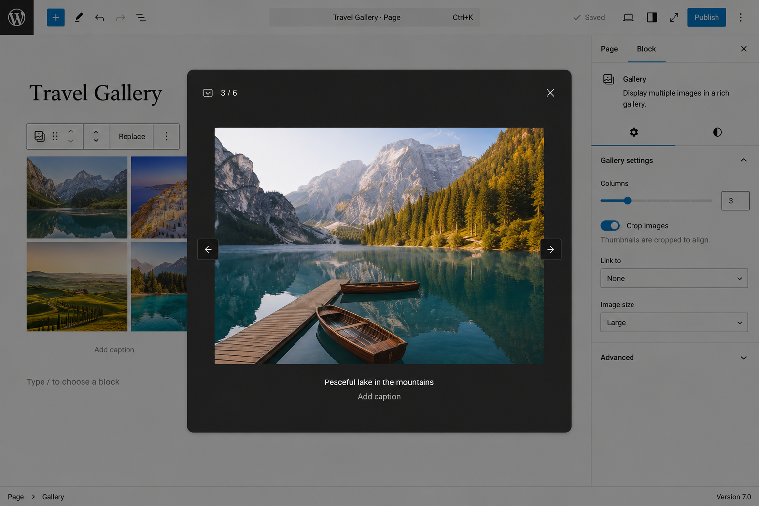 WordPress gallery lightbox interface