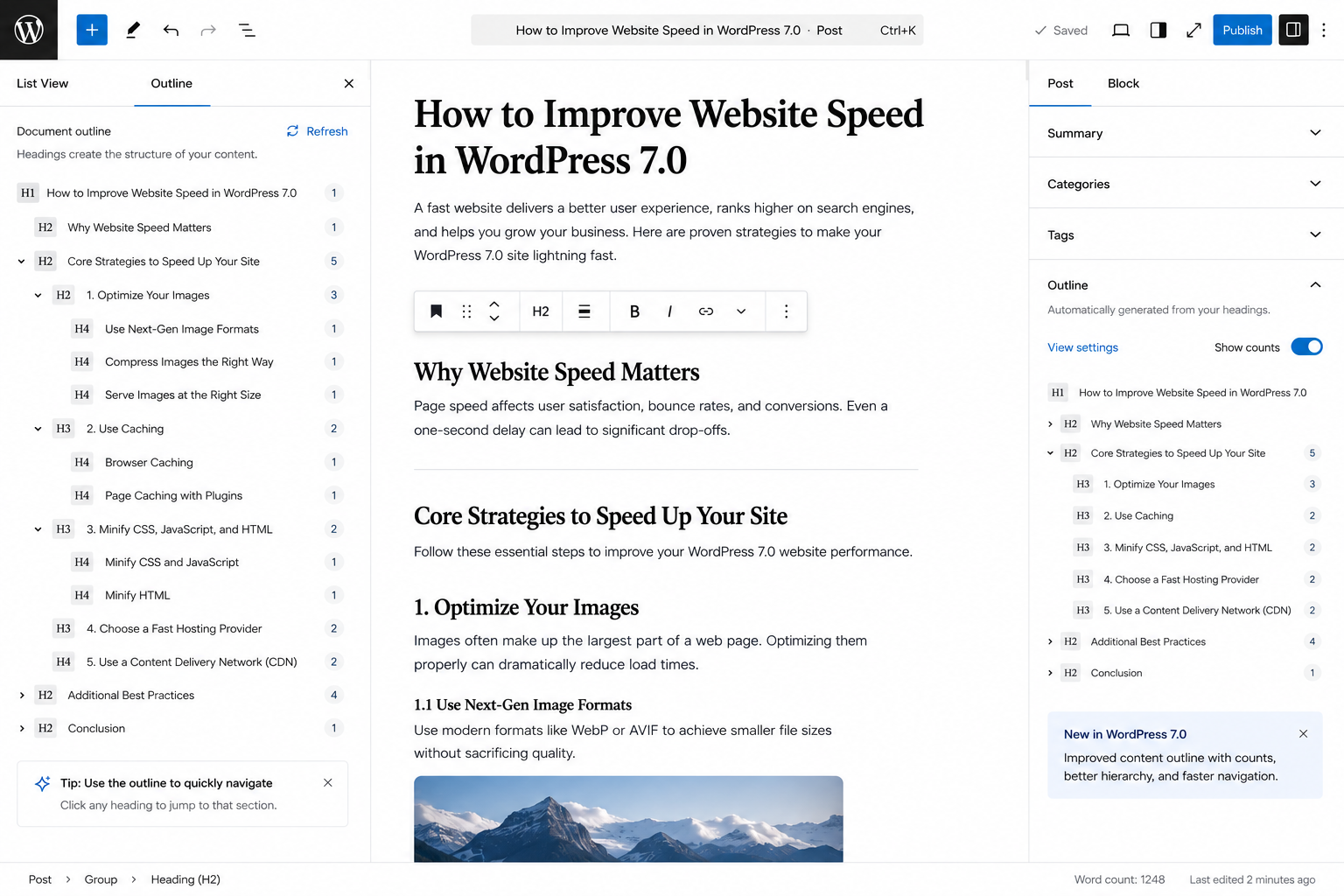 WordPress Heading block interface
