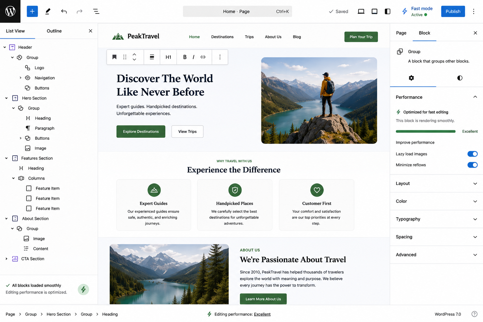 WordPress editor performance screen