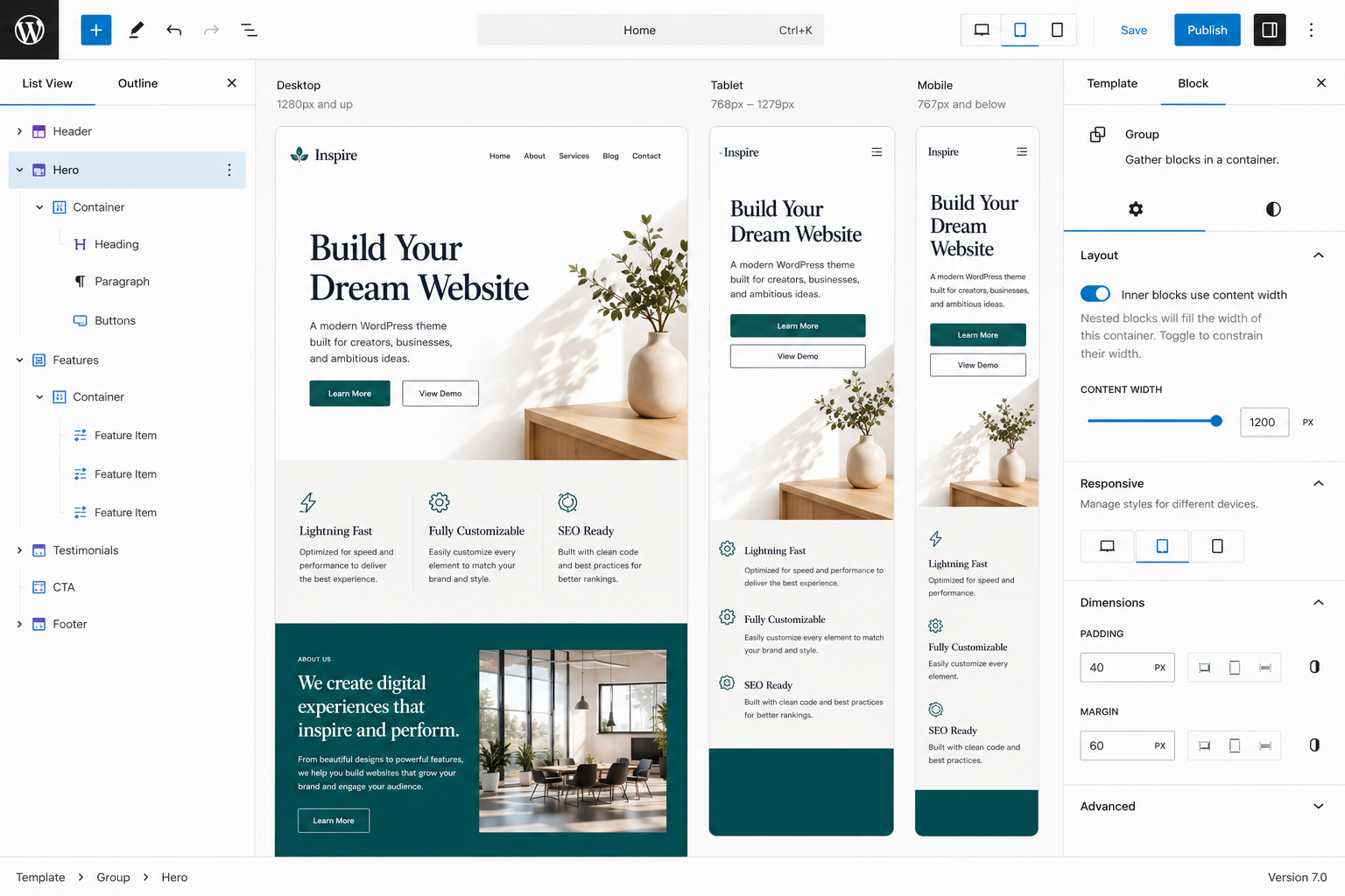 WordPress responsive editing interface