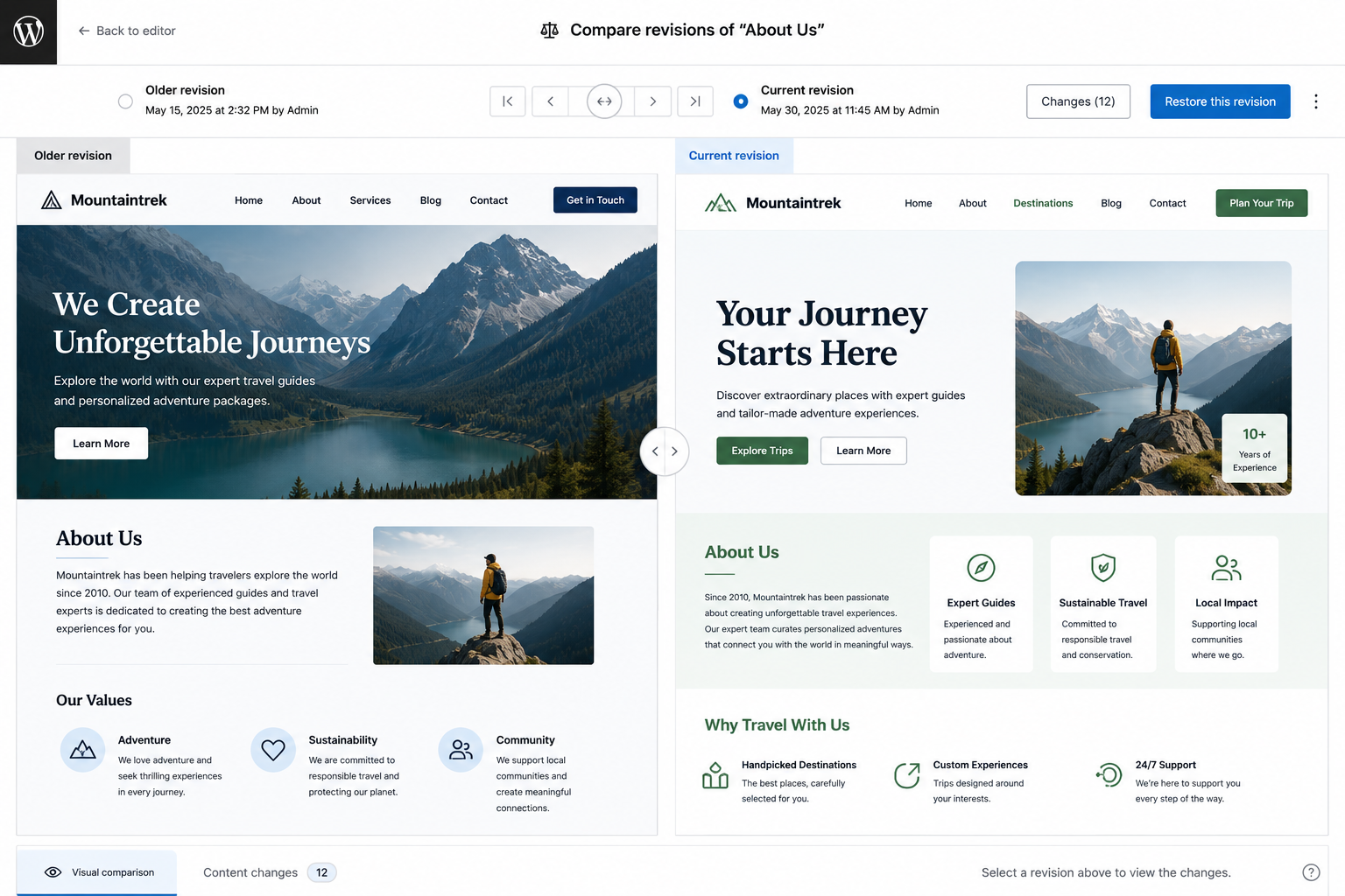 WordPress visual revisions interface