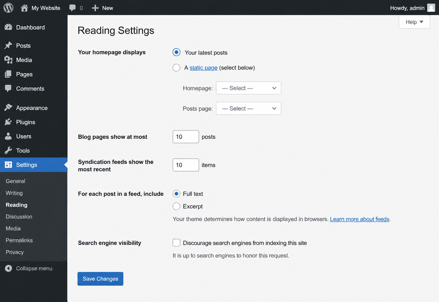 WordPress reading settings with search engine indexing option